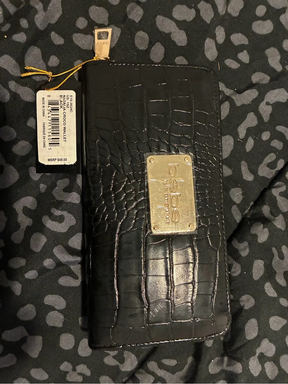 bebe Black Croc-Embossed Zip Wallet with Gold Plate